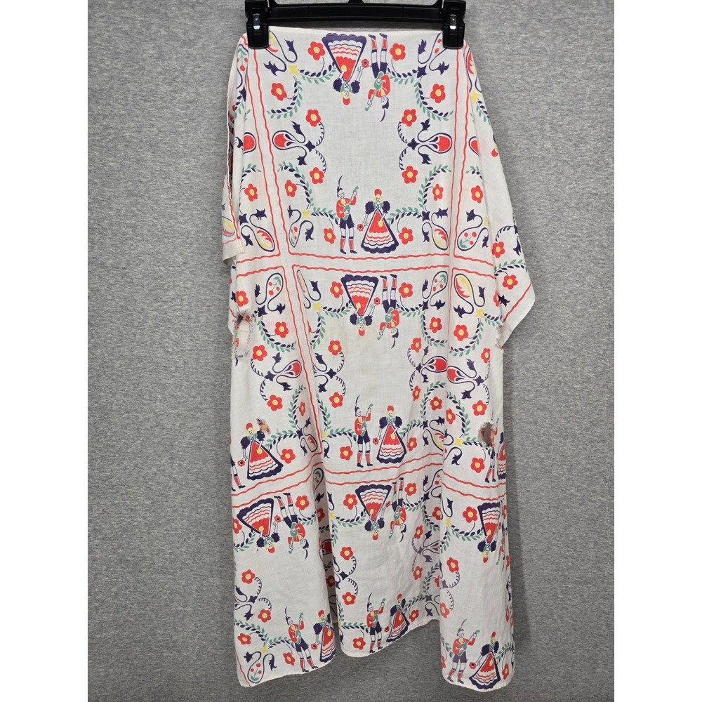 Vintage European Folk Art Linen Tablecloth Figures Floral Print White Red Blue